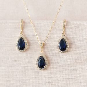 Crystal Bridal Necklace, Sapphire Blue and GOLD Wedding Jewelry, Crystal Drop Bridal Necklace, Ariel Blue Crystal Necklace