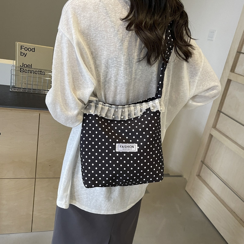 Polka dot lace canvas bag for women single shoulder large capacity tote bag for students class commuting bag
