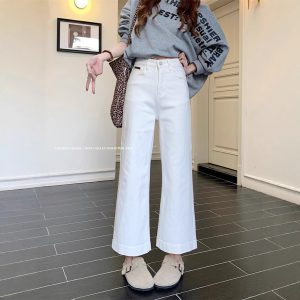 Real shot~ Spring elastic jeans for women with high waist loose and slim small nine-point wide-leg pants