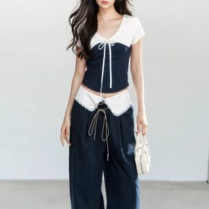 Original design summer loose casual versatile thin shirt hidden blue spliced top