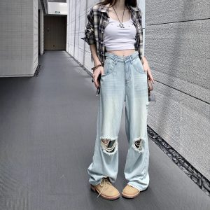 American street ripped jeans women's spring loose casual pants retro nostalgic loose wide-leg pants trousers