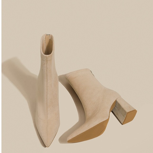 Pointed toe thick heels for women in autumn and winter high heels thin Martin boots plus velvet elastic socks single boots