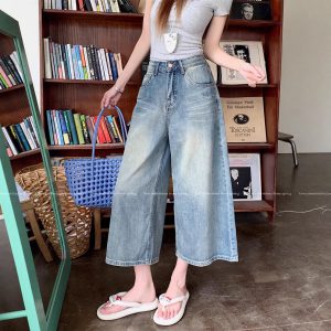 Real shot~ American retro washing jeans for women in summer high waist slimming wide-leg 8-leg pants medium pants