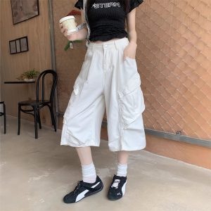Real shot~ American high street large pocket work jeans for women with high waist loose design wide-leg cropped pants